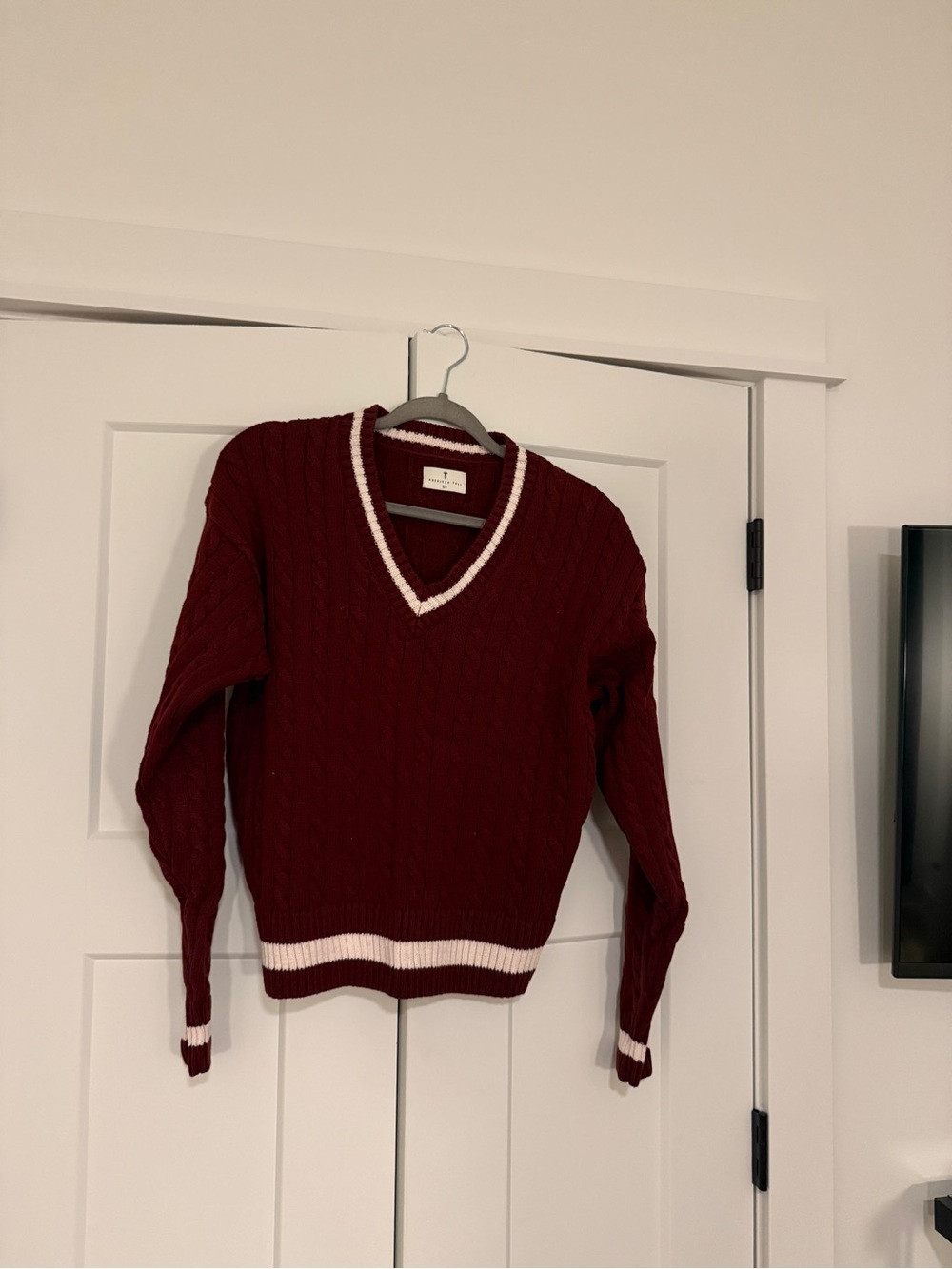 American Tall Maroon V-Neck Cable Knit Sweater with Contrast Trim